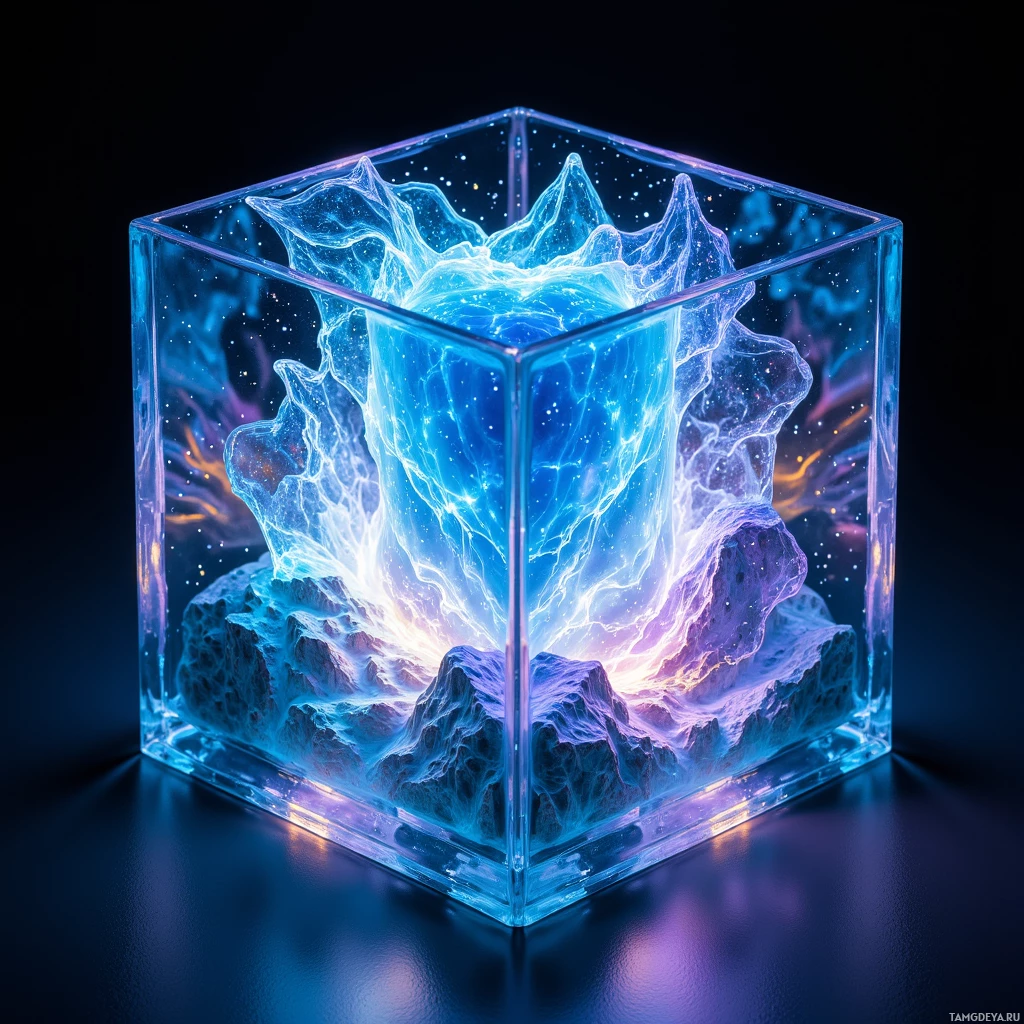 A glowing, ethereal cube with a cosmic, mountainous interior.