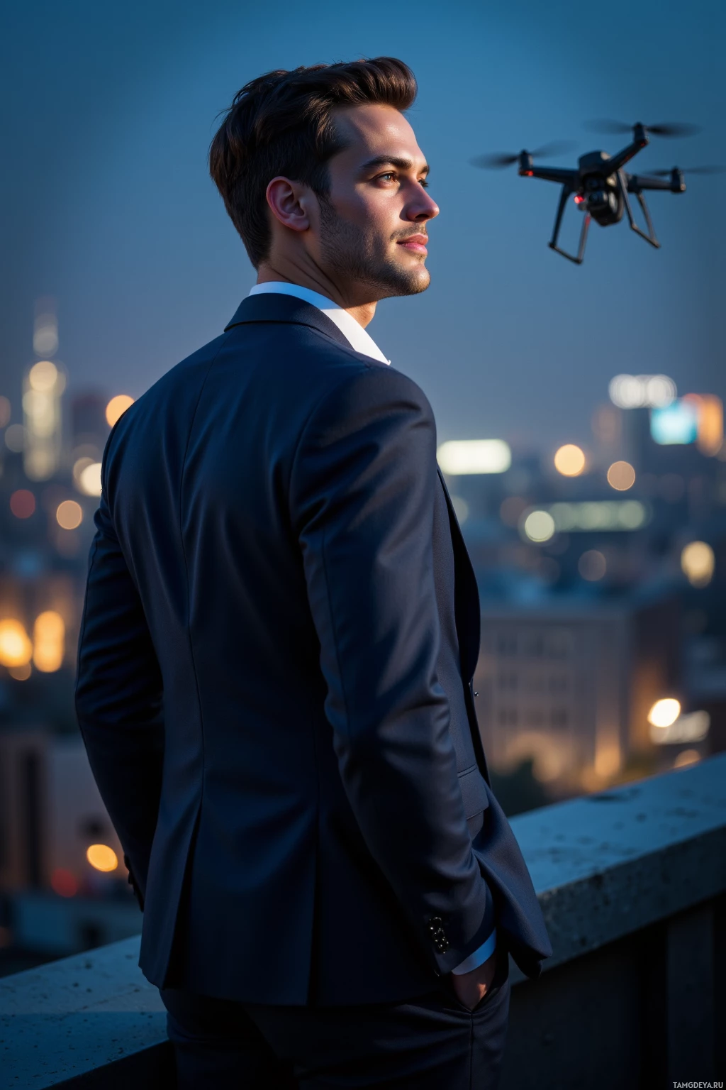 A man in a suit stands on a rooftop at dusk, gazing at a drone flying above.