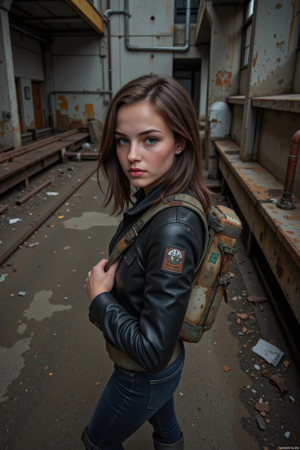 A person wearing a leather jacket and carrying a backpack stands in an industrial setting.