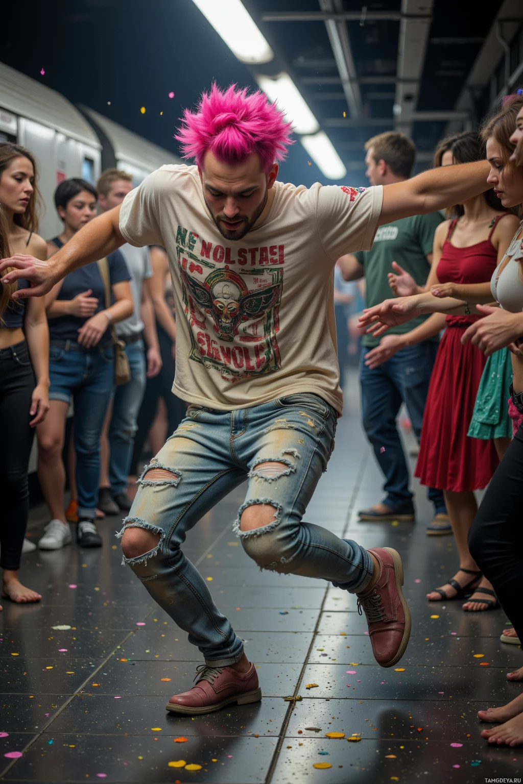 A man with pink hair dances energetically in a subway station as others watch.