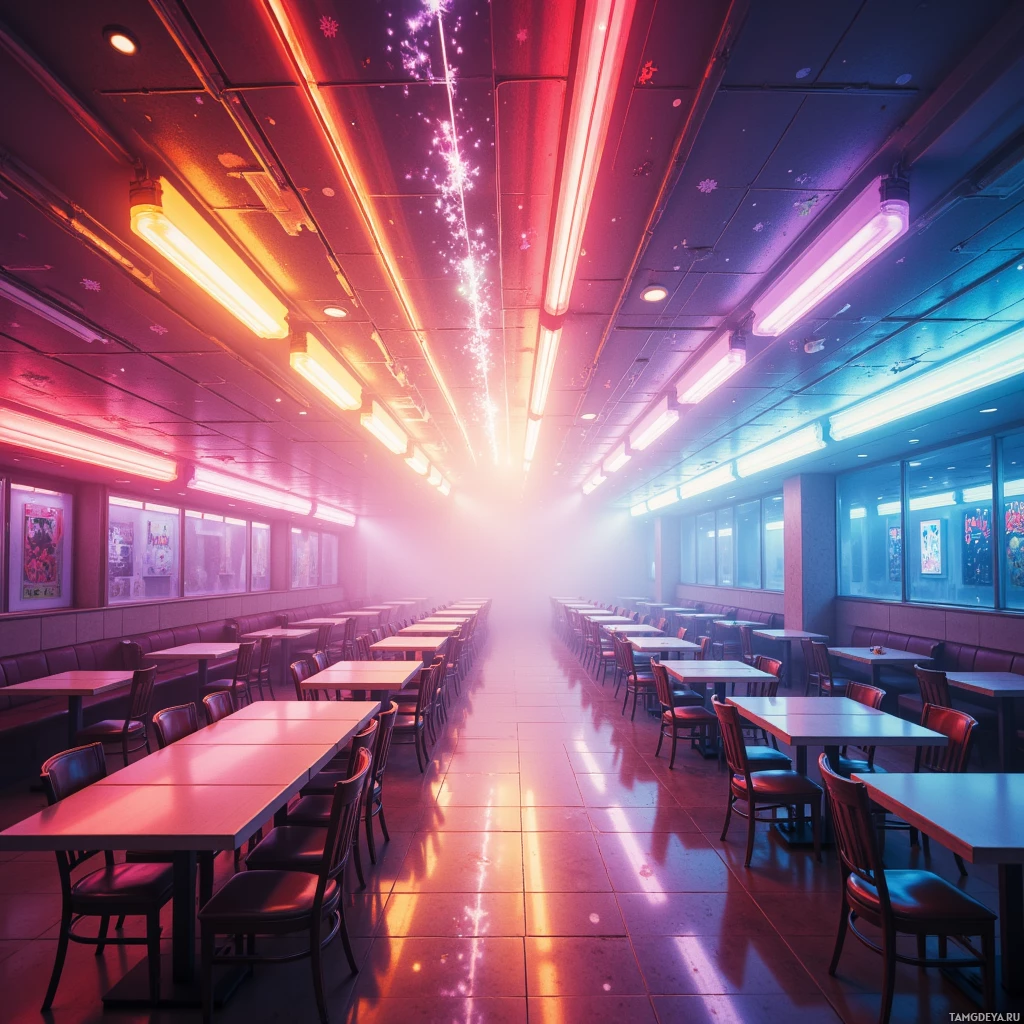A futuristic restaurant interior with vibrant neon lighting and a reflective floor.