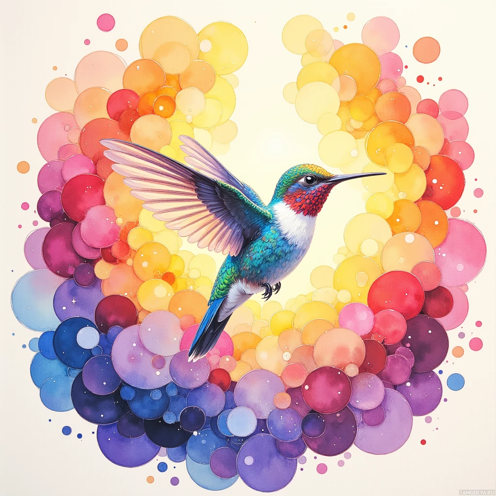 A vibrant painting featuring a hummingbird surrounded by colorful, abstract circles.