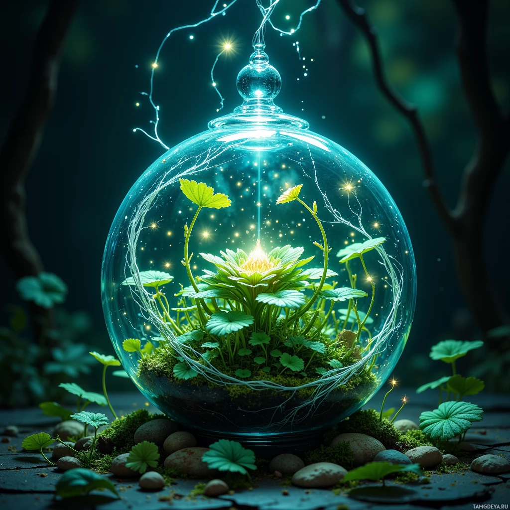 A glowing terrarium with lush green plants and sparkling lights inside a glass sphere.