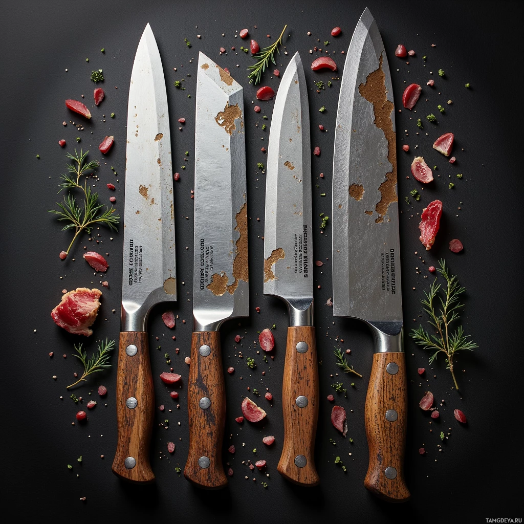 A set of four knives with wooden handles and metallic blades, arranged on a dark surface with scattered herbs and spices.