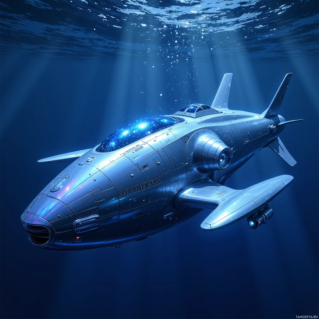 A futuristic submarine-like vehicle with a sleek design and glowing lights, floating underwater.