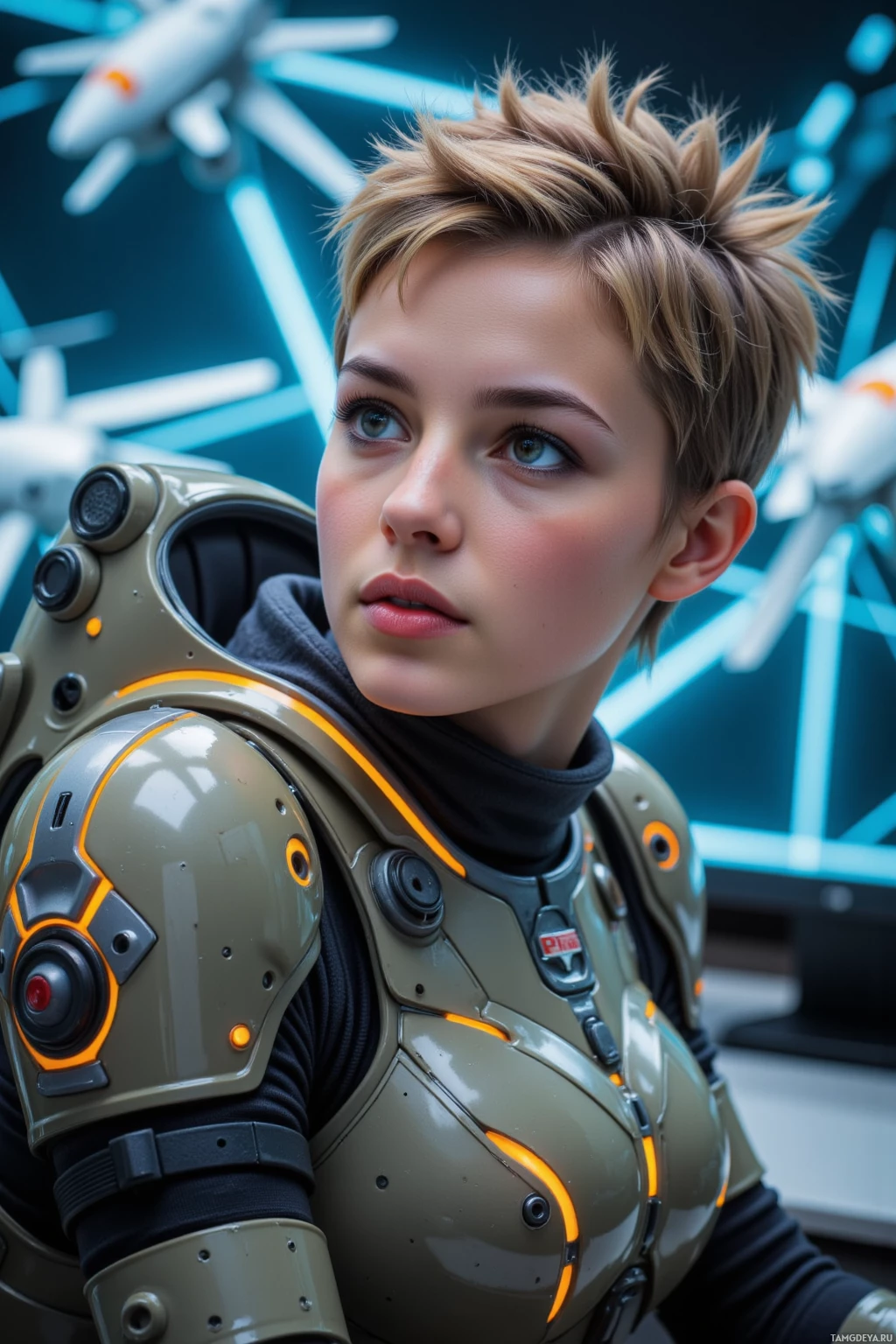 A person in futuristic armor with glowing elements stands in a high-tech environment.