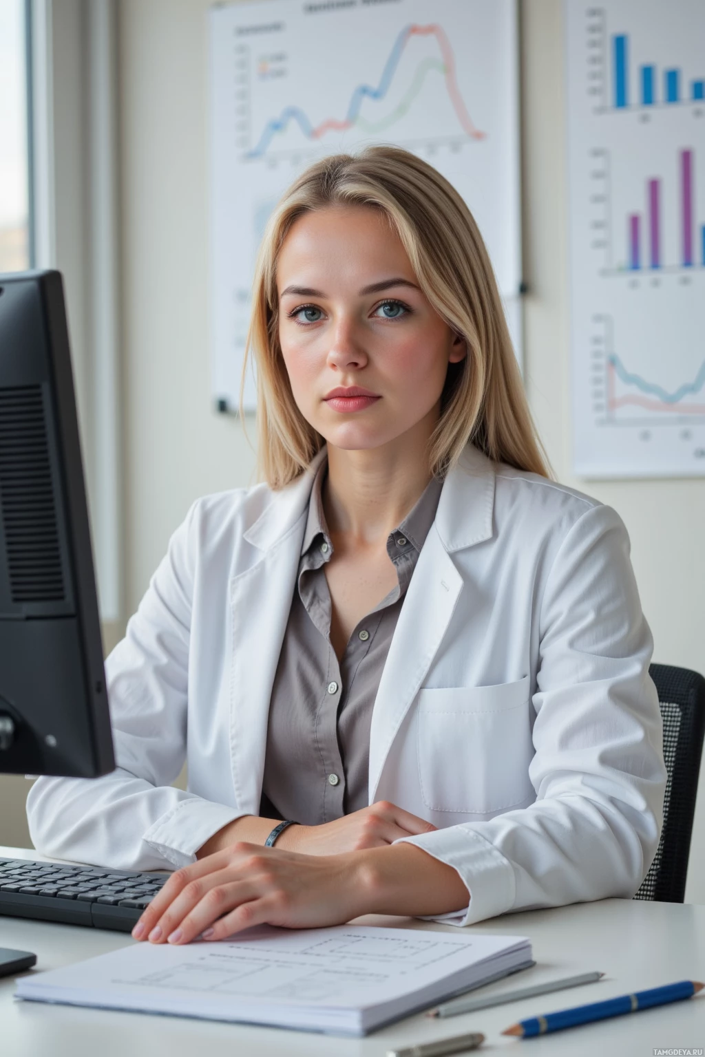 A woman in a white lab coat sits at a desk with a computer, papers, and a pen.