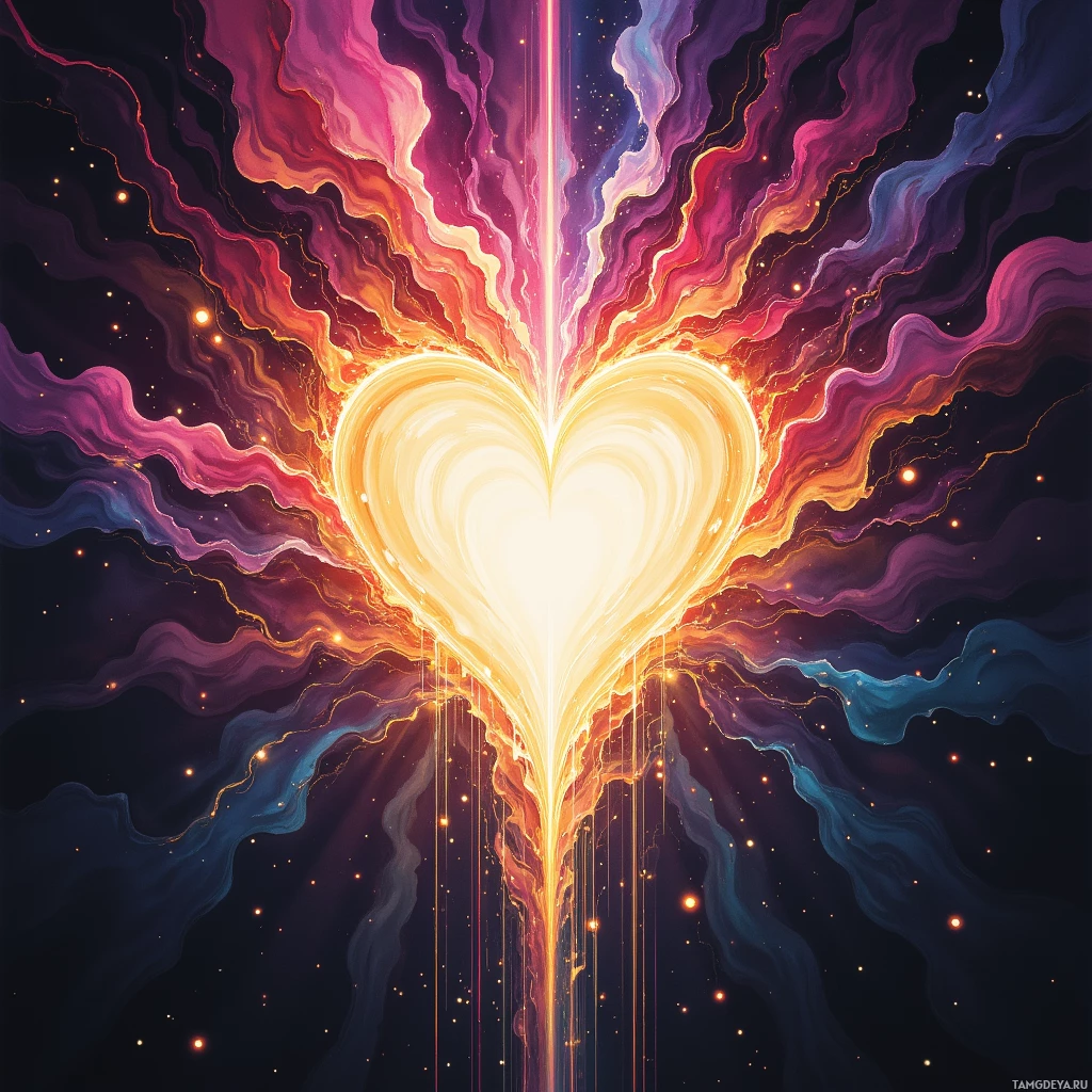 A vibrant, abstract heart radiates with colorful, flowing lines and glowing particles against a dark background.