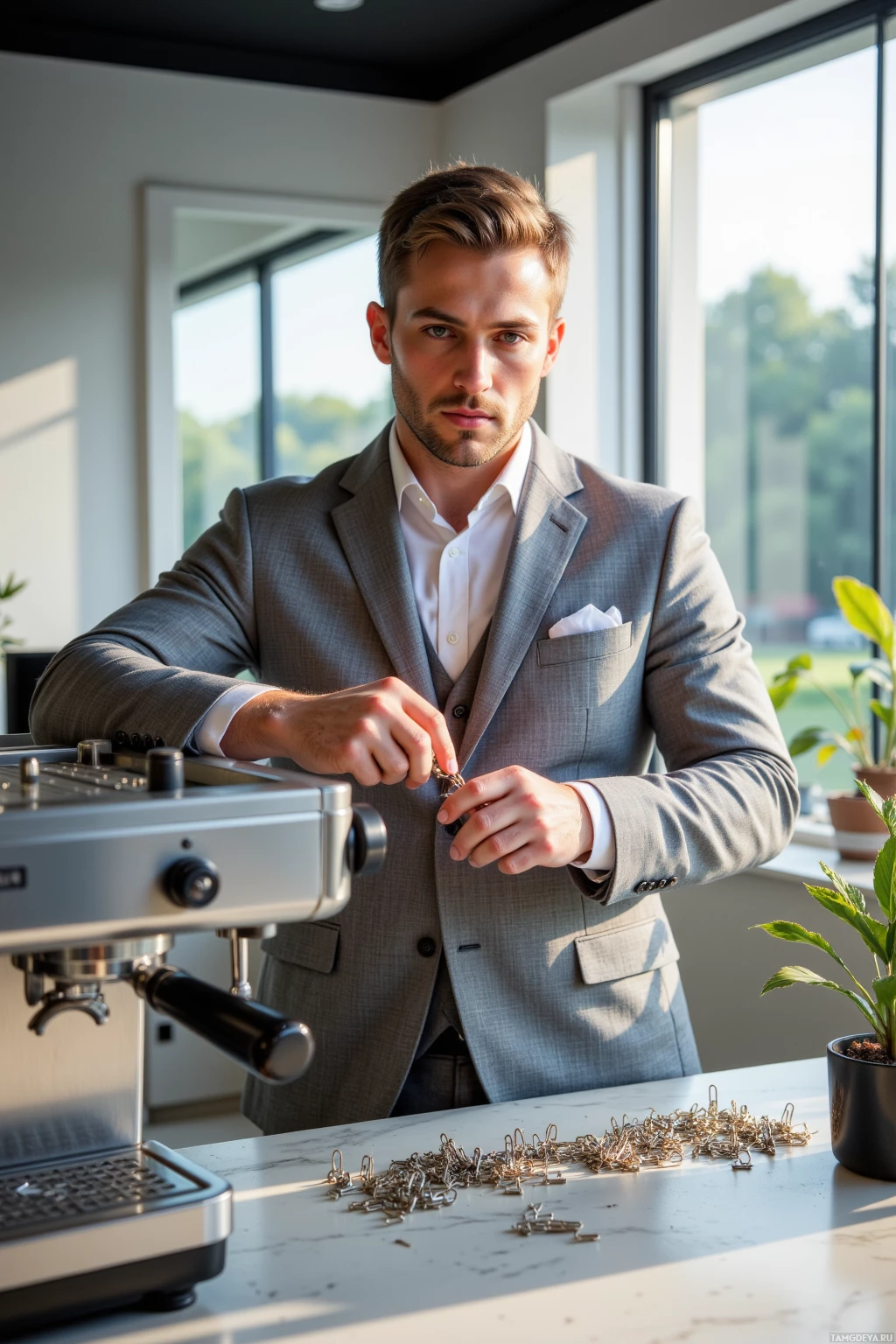 A man in a suit is preparing coffee in a modern kitchen.