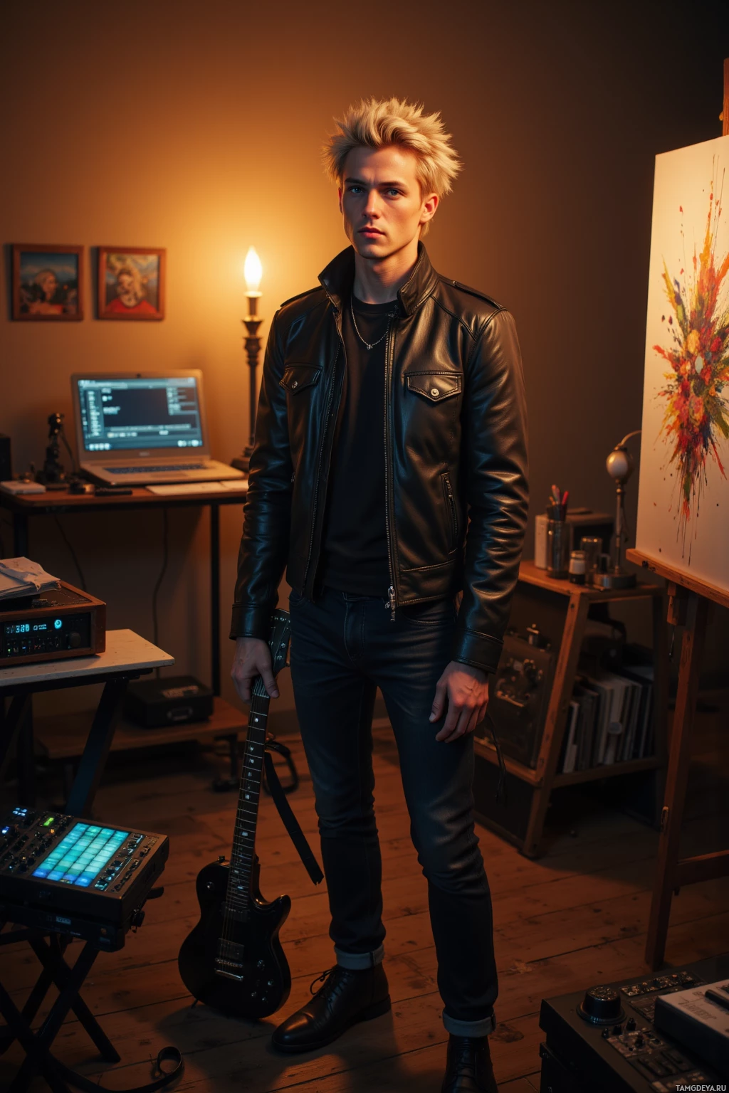 A person stands in a warmly lit room, holding a guitar, dressed in a leather jacket and jeans, with a laptop and musical equipment in the background.