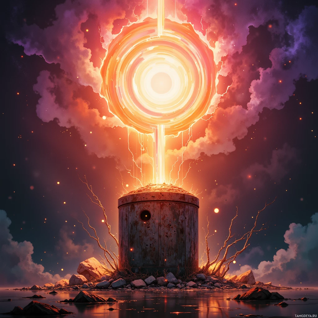 A glowing, circular portal emits energy from a cylindrical structure on a rocky island.