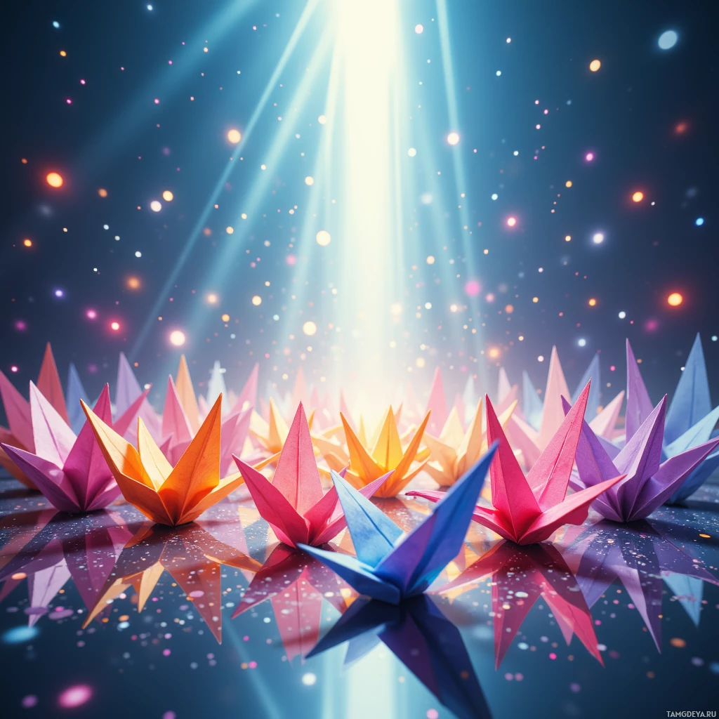 Colorful origami cranes arranged in a row with a radiant light beam and sparkling particles in the background.
