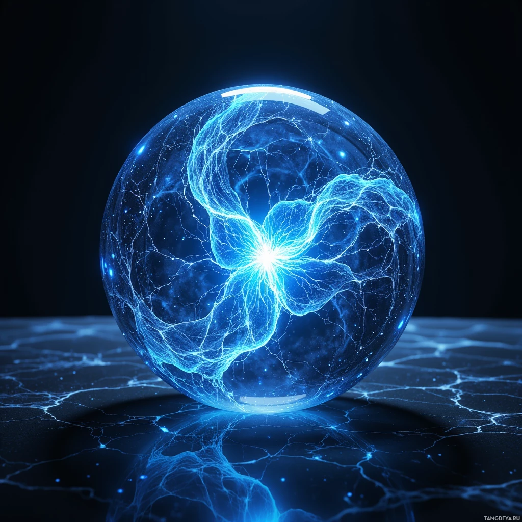 A glowing blue sphere with intricate, web-like patterns and a bright light at its center.