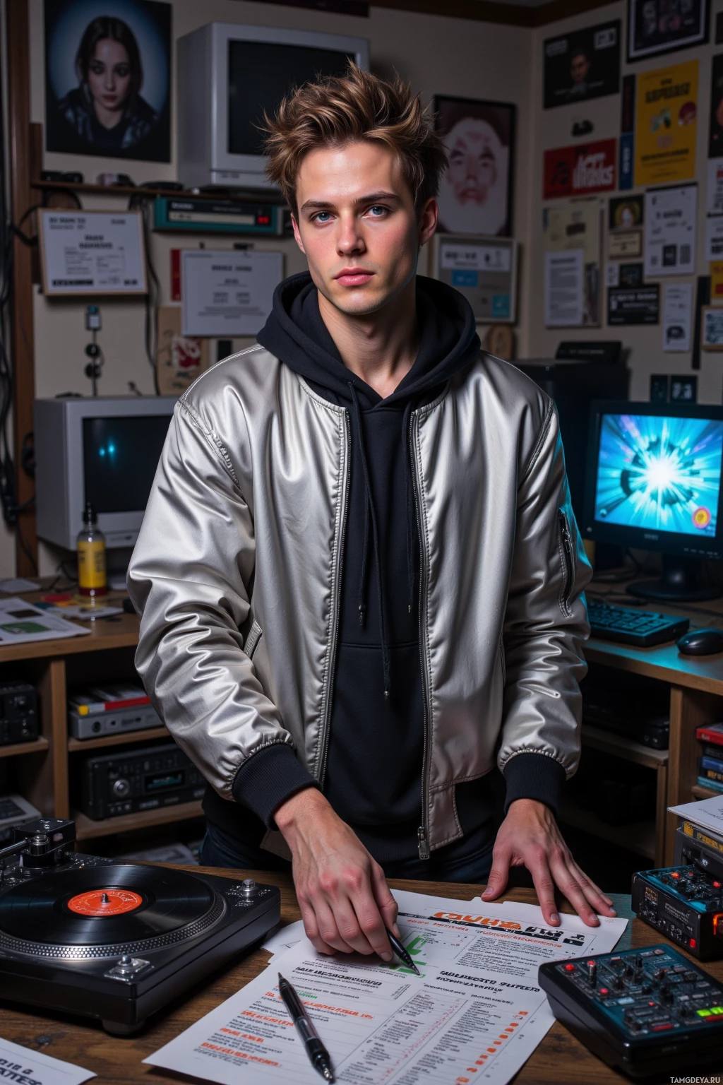 A person stands in a room with audio equipment, wearing a shiny jacket and hoodie, with a turntable and papers on the table.