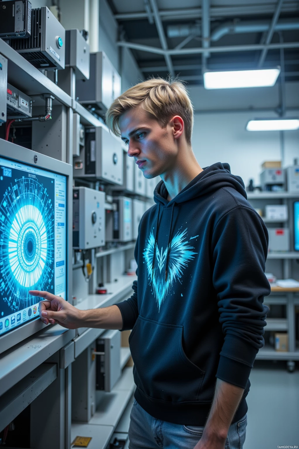 A person in a hoodie stands in a tech lab, interacting with a computer screen displaying a futuristic interface.