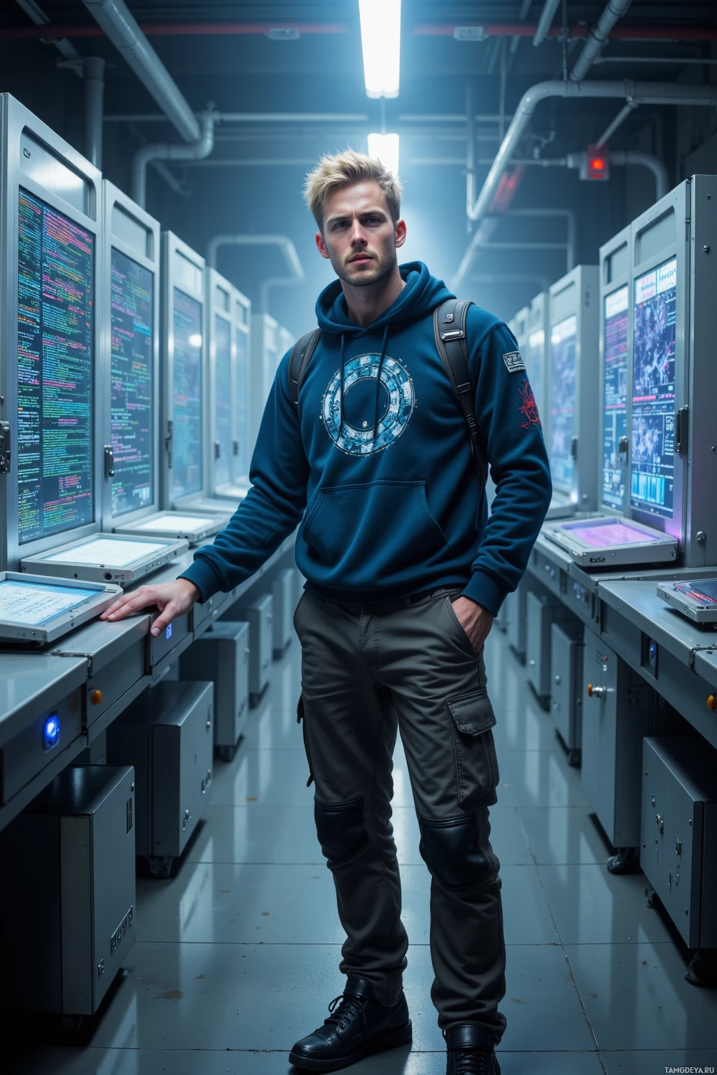 A person in a hoodie and cargo pants stands in a tech room with illuminated screens.