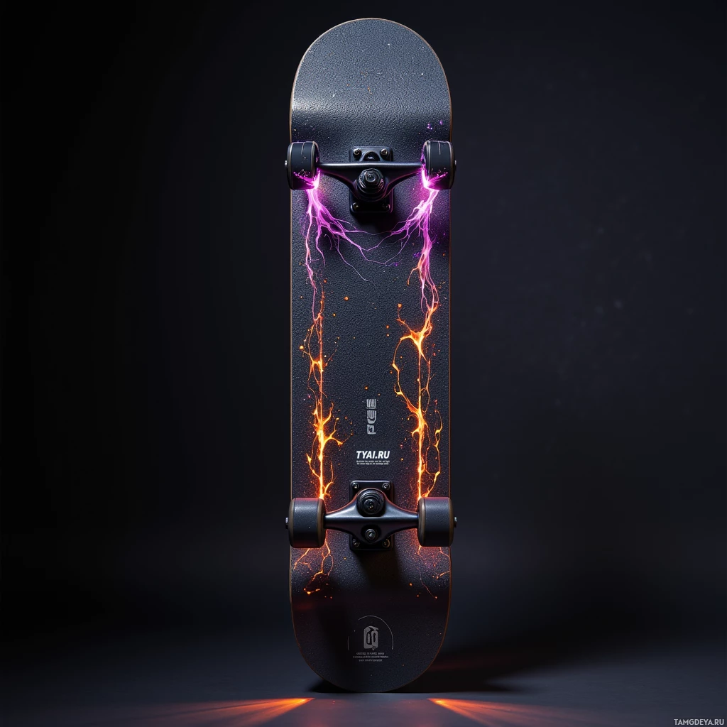 A skateboard with a dark design featuring glowing lightning patterns is displayed against a dark background.