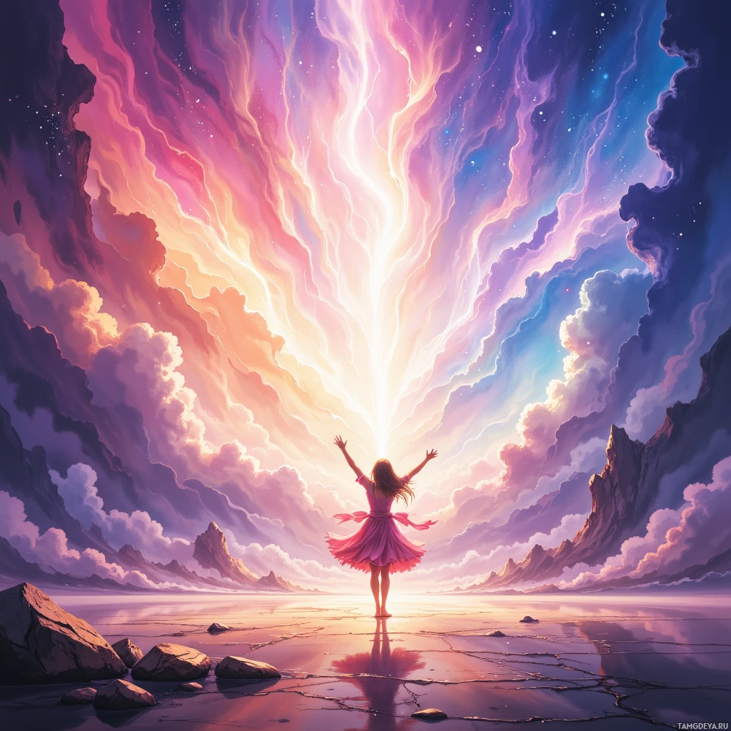 A girl in a pink dress stands with arms raised, gazing at a radiant, colorful sky with swirling clouds and a glowing horizon.