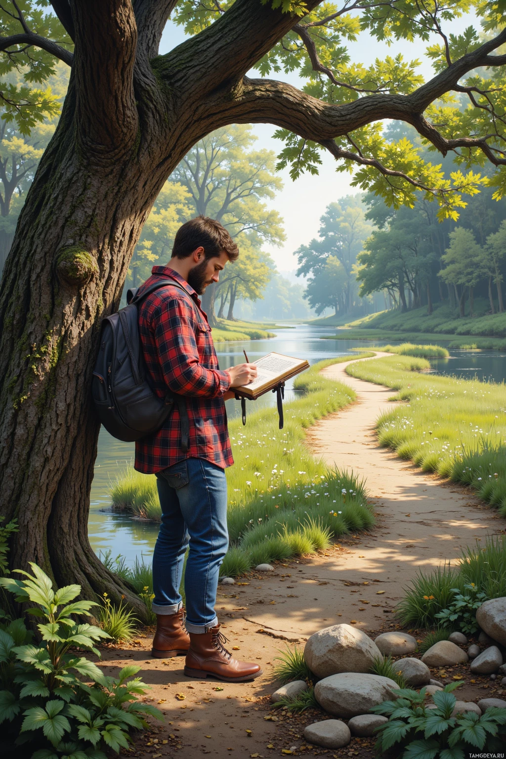 A man leans against a tree, writing in a notebook in a serene park setting.