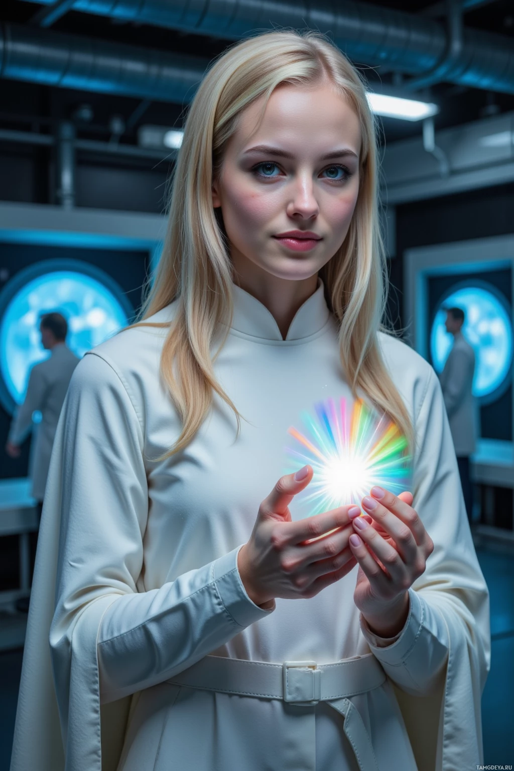 A person in a white outfit holds a glowing, multicolored light in a futuristic setting.