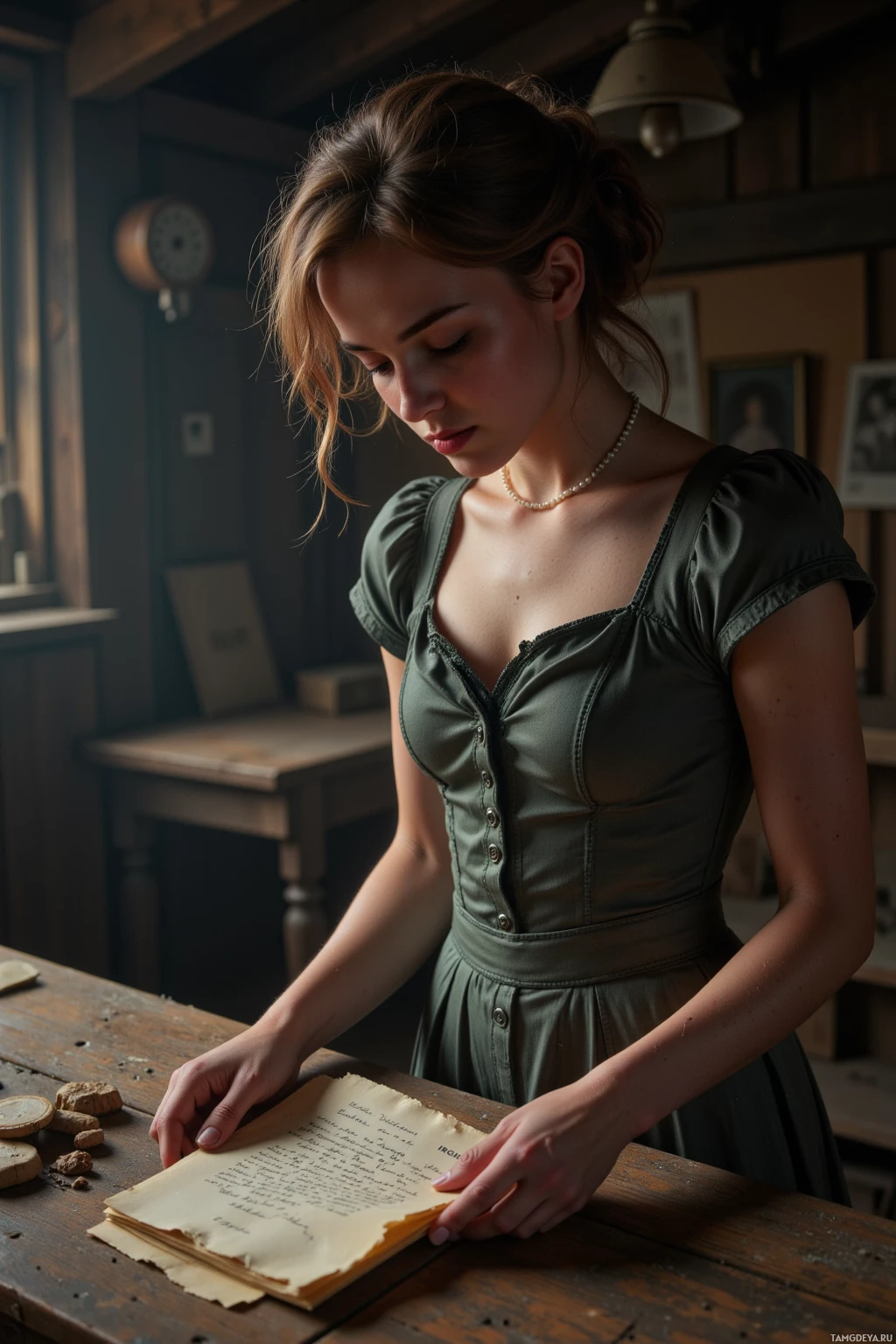 A woman in a green dress stands at a wooden table, holding an old, handwritten document.