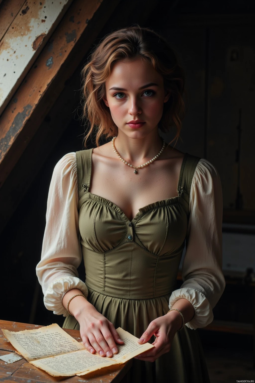 A woman in a historical-style dress holds an old letter.