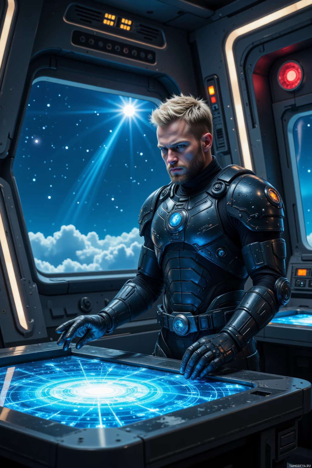 A person in futuristic armor stands in a spacecraft, interacting with a glowing, high-tech console.