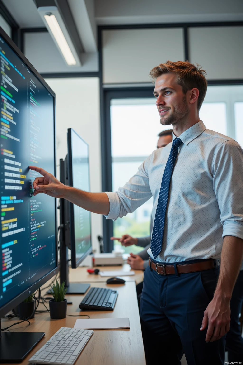 A man in a shirt and tie stands at a desk, pointing at a computer monitor displaying code.