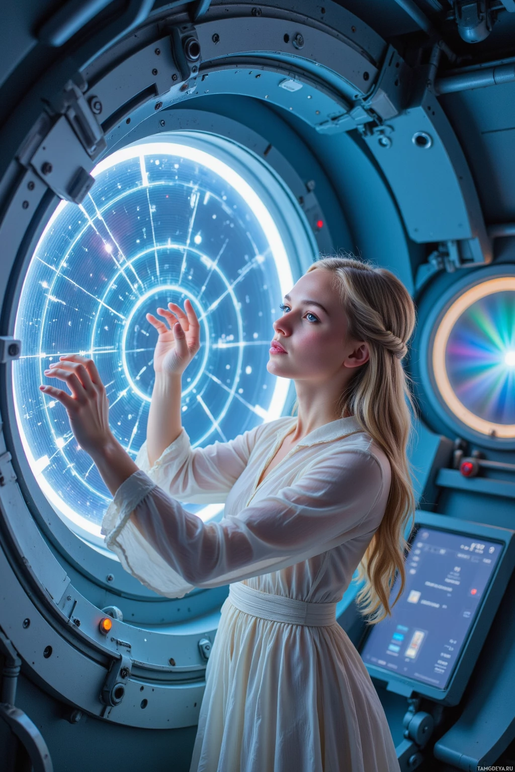 A woman in a white dress stands inside a futuristic spacecraft, gazing out of a large circular window.