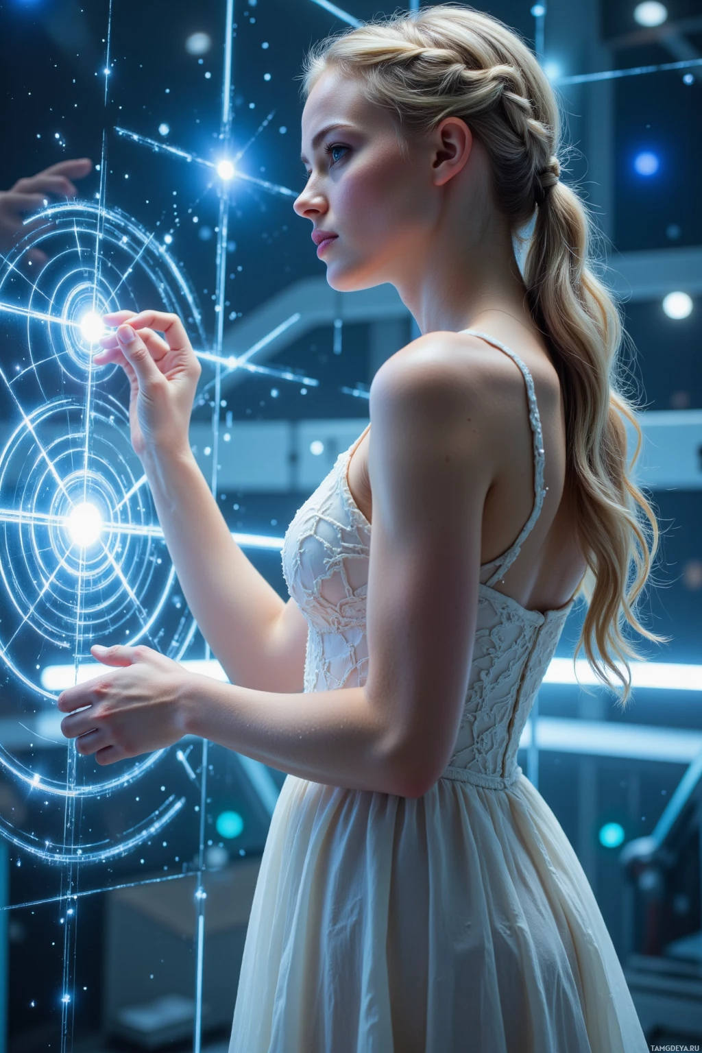 A woman in a white dress interacts with glowing, futuristic patterns.