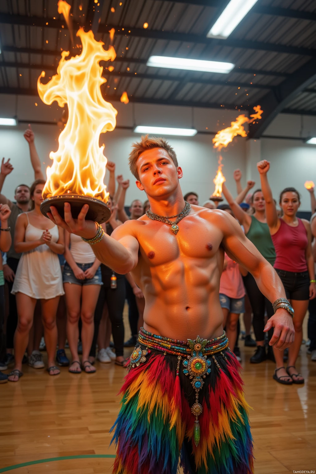 A man performs a fire dance in front of an audience.