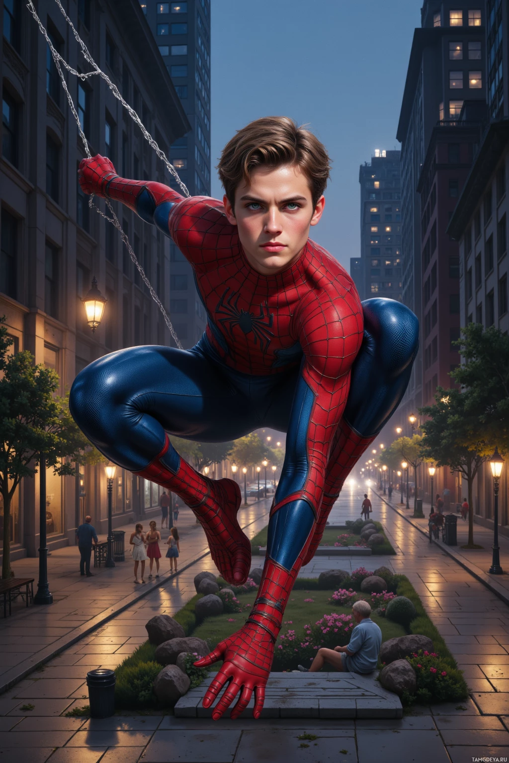 A superhero in a red and blue suit is crouching on a city street at dusk.