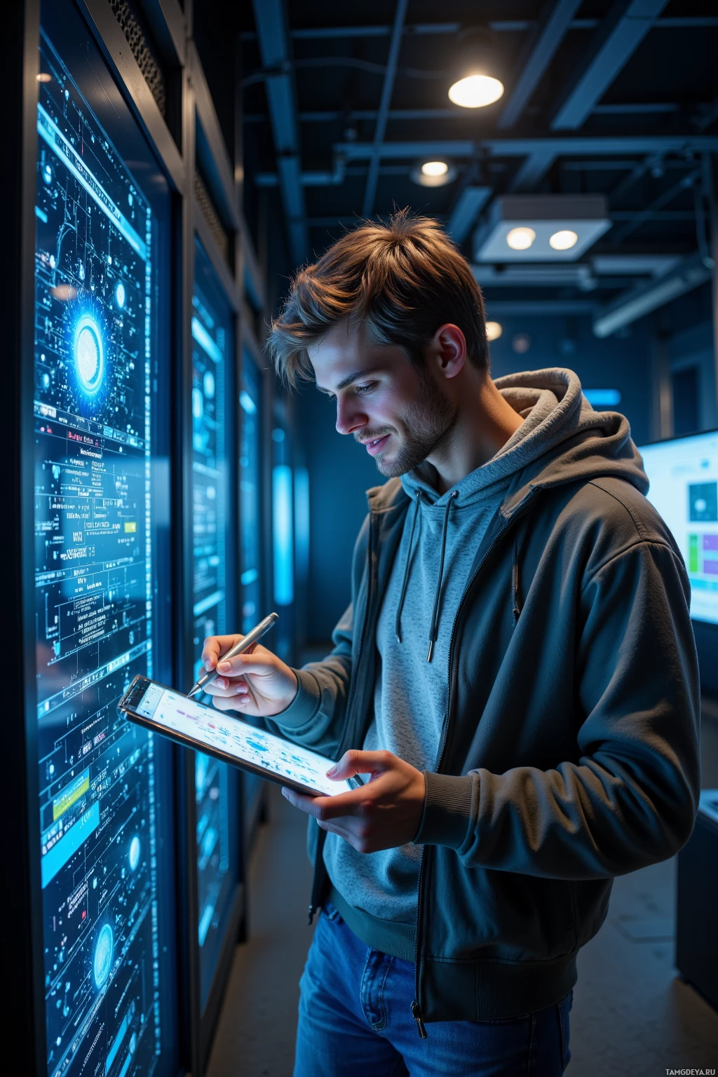 A person in a hoodie uses a tablet in a tech environment with illuminated screens.