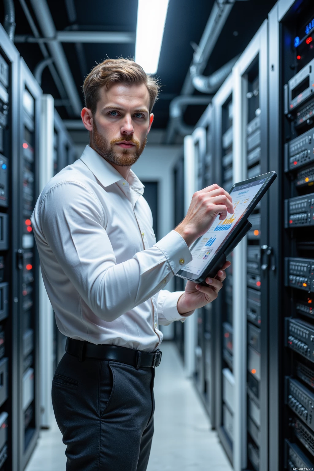 A man in a white shirt and black pants stands in a server room, holding a tablet.