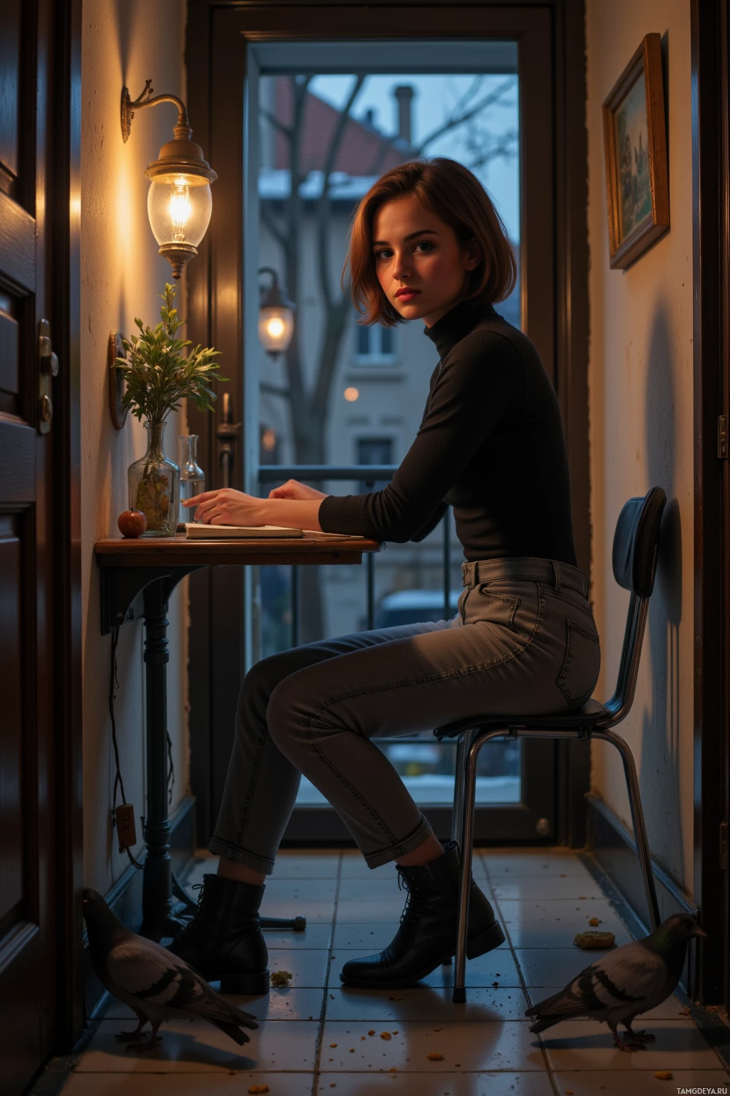 A woman sits at a small table in a dimly lit room, with pigeons on the floor nearby.