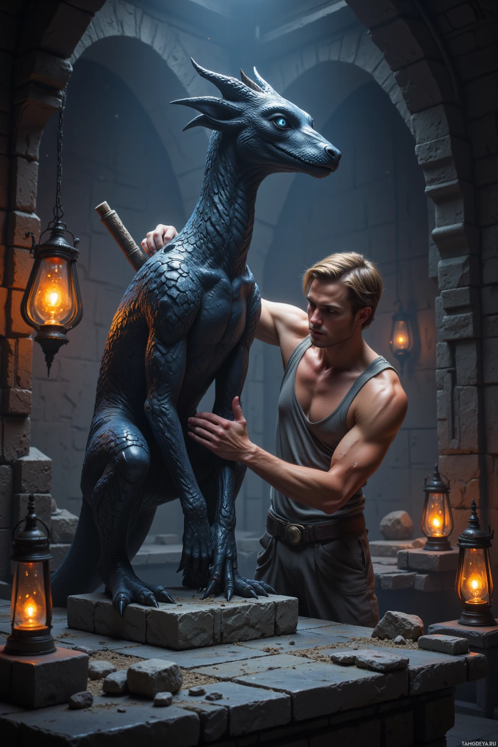 A man stands beside a dragon statue in a dimly lit stone courtyard.