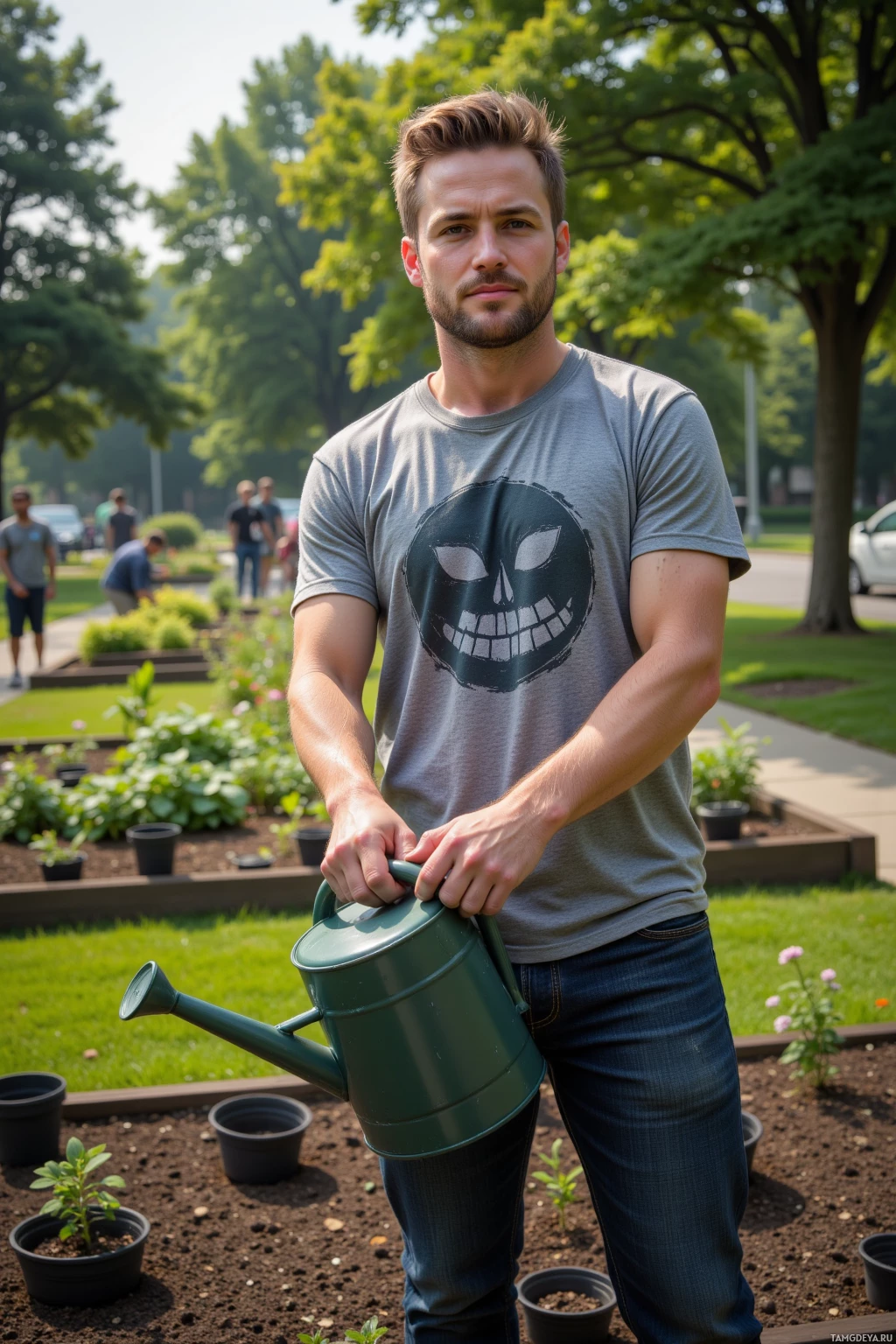 A man stands in a garden holding a watering can.
