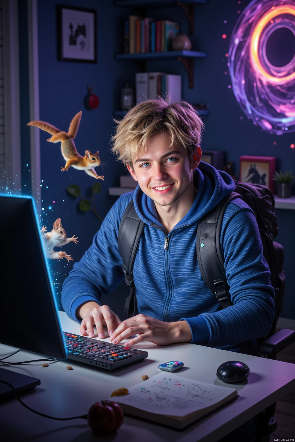 A young person sits at a desk with a computer, surrounded by books and a squirrel in the background.