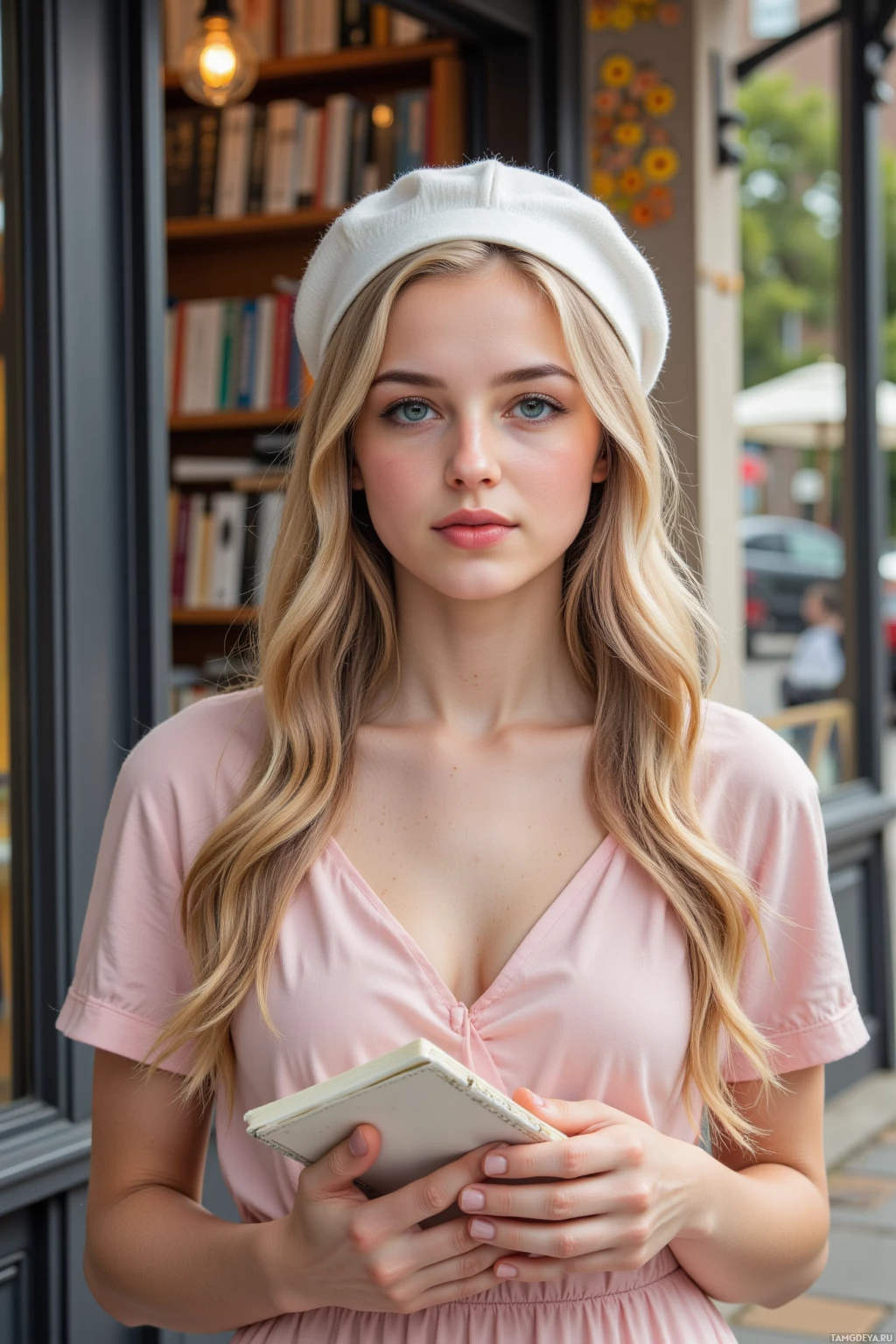 A young woman with long blonde hair wearing a pink top and a white beret, holding a small notebook.