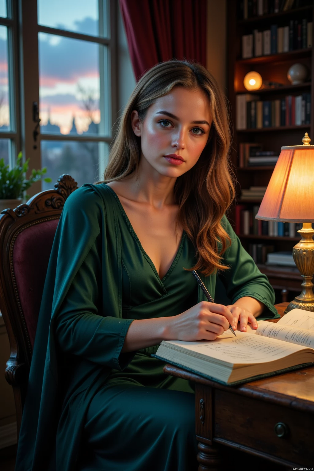 A woman in a green dress sits at a desk, writing in a book with a lamp and bookshelf in the background.