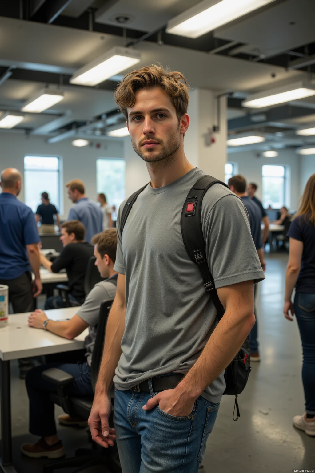 A man stands in a classroom setting, wearing a gray t-shirt and jeans, with a backpack on.