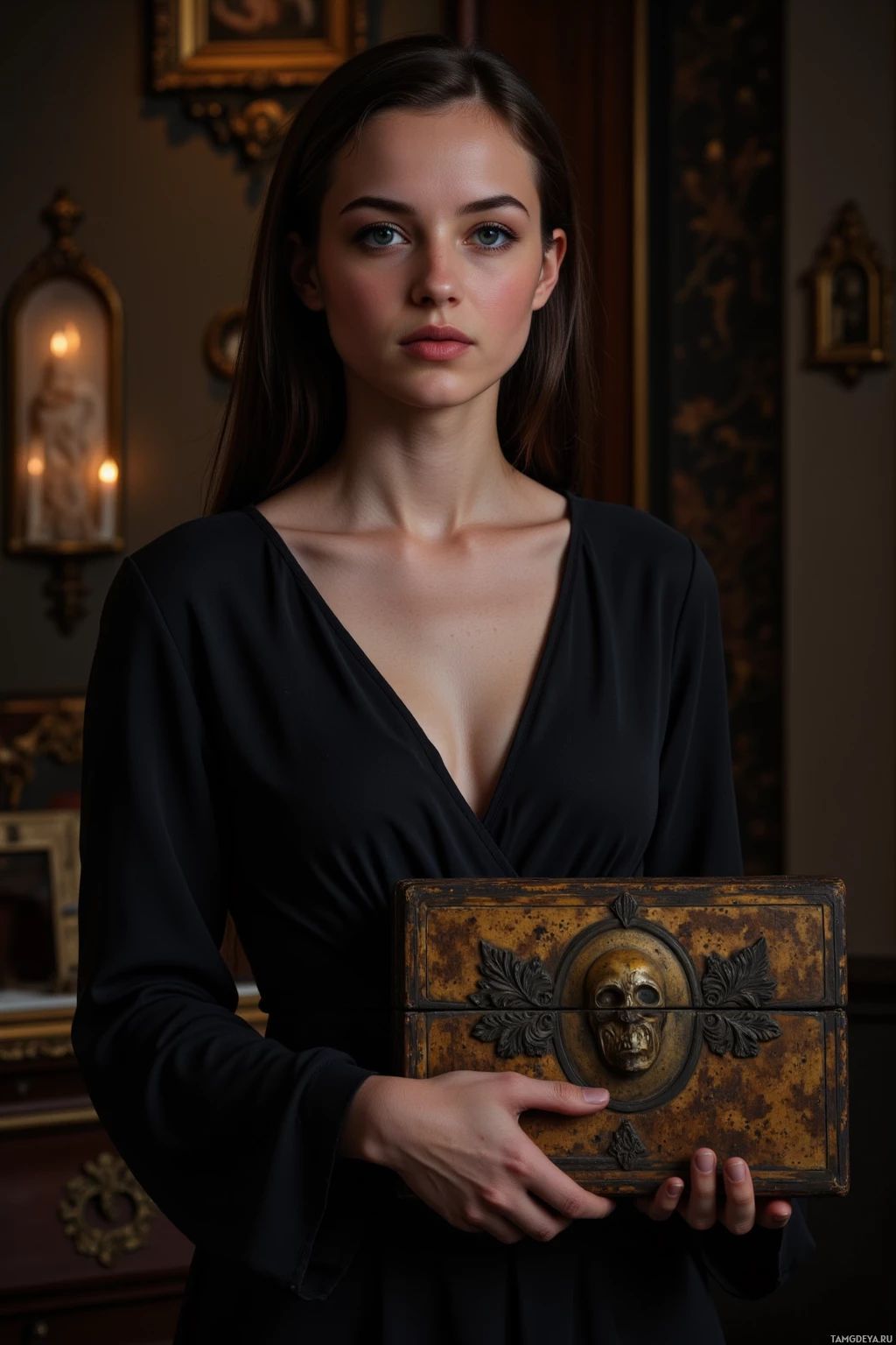 A woman in a black dress holds an ornate, rusted box with a skull design.