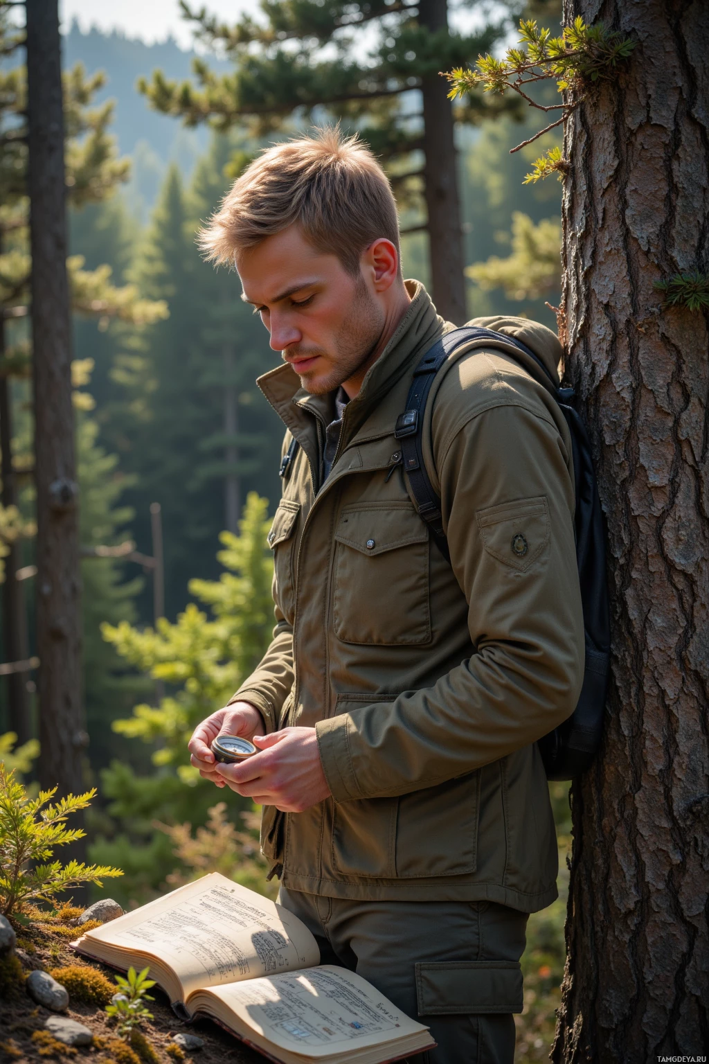A man leans against a tree in a forest, holding a compass and reading a book.