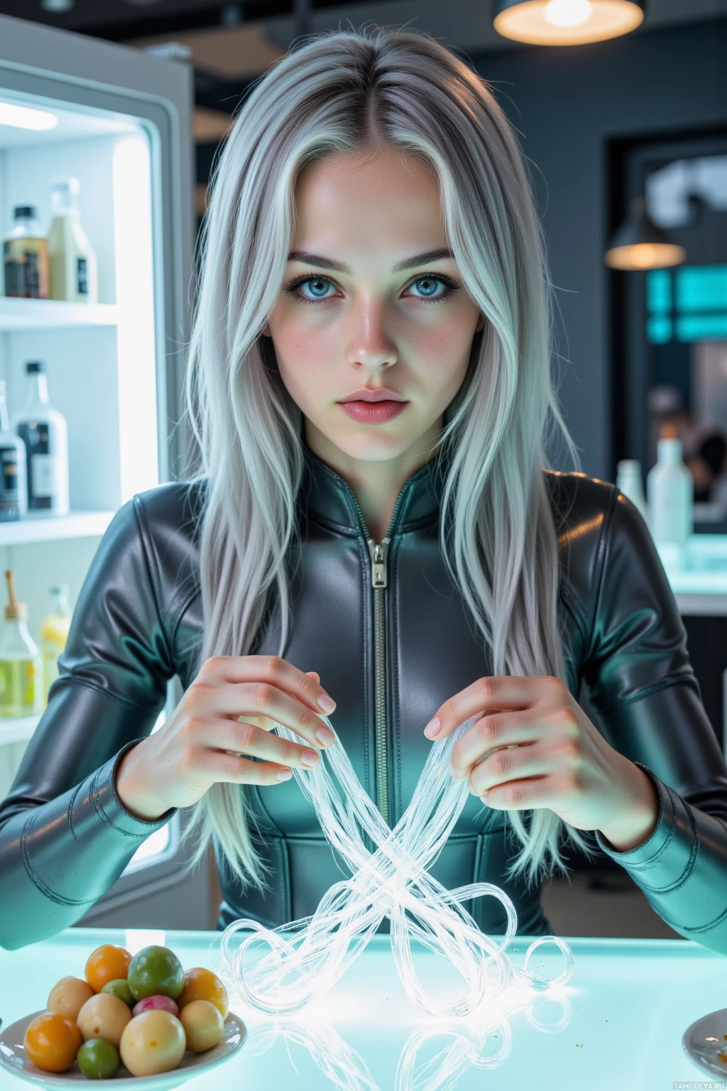 A person in a leather jacket holds a string of lights in front of a plate of fruits.