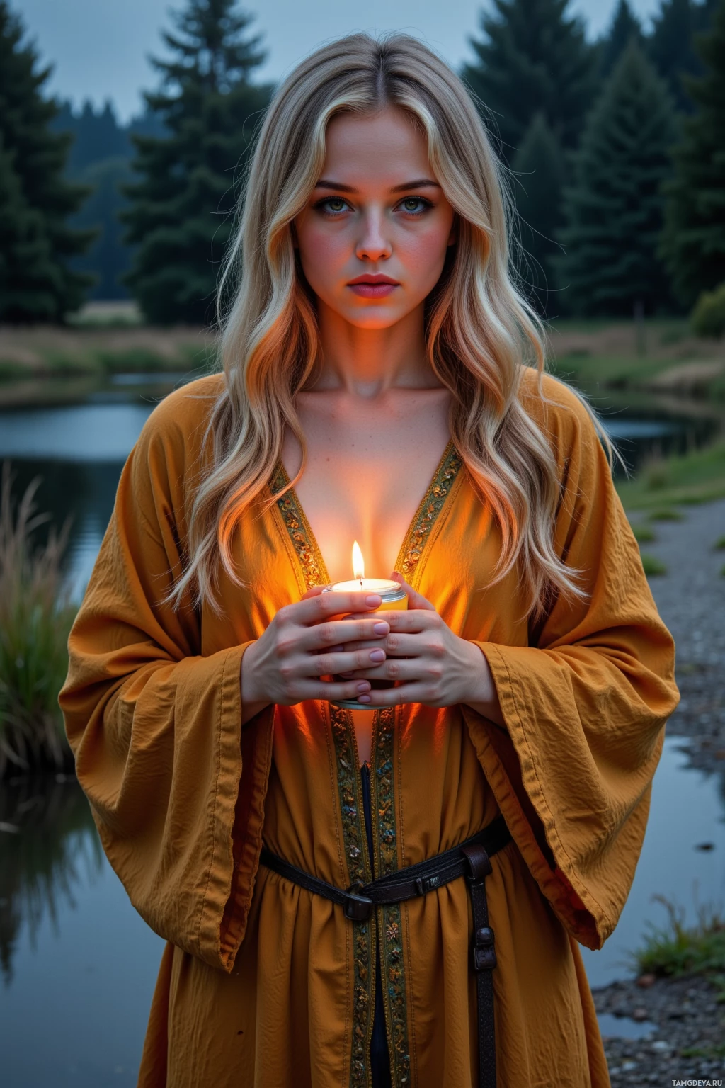 A woman in a golden robe holds a lit candle, standing by a serene lakeside with trees in the background.