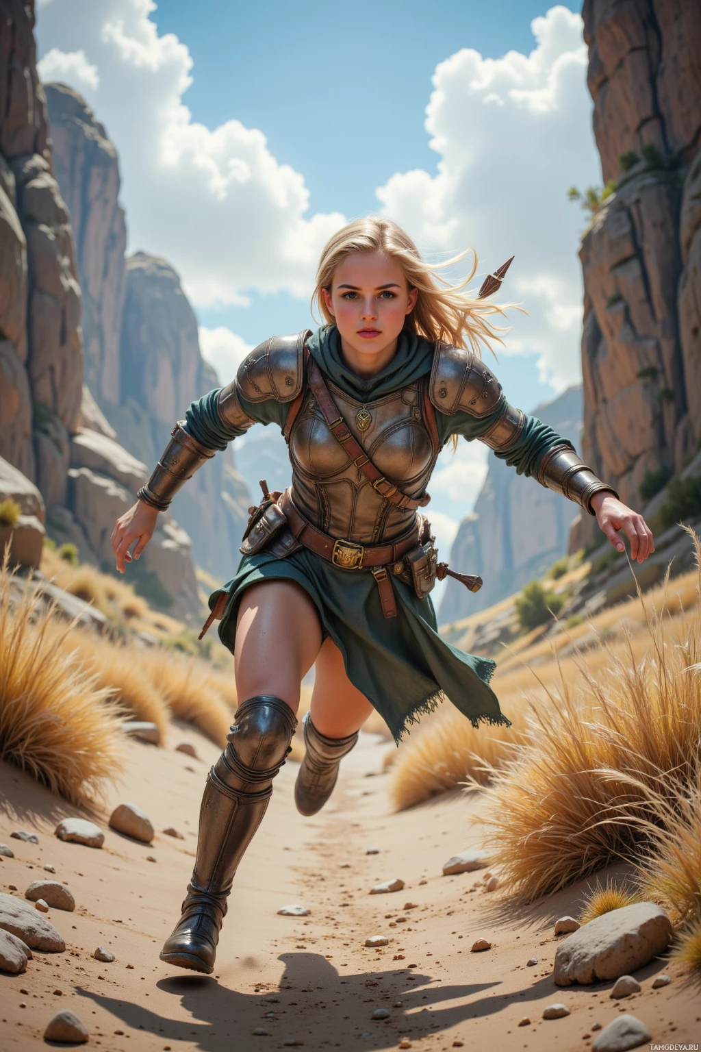 A woman in armor runs through a desert landscape.