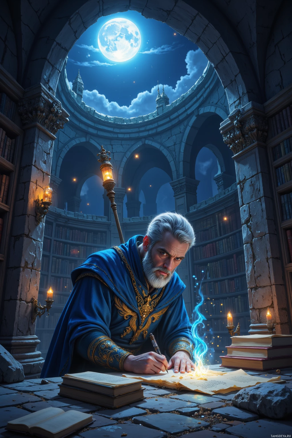 A scholar in a blue robe writes in a glowing book under a moonlit sky.