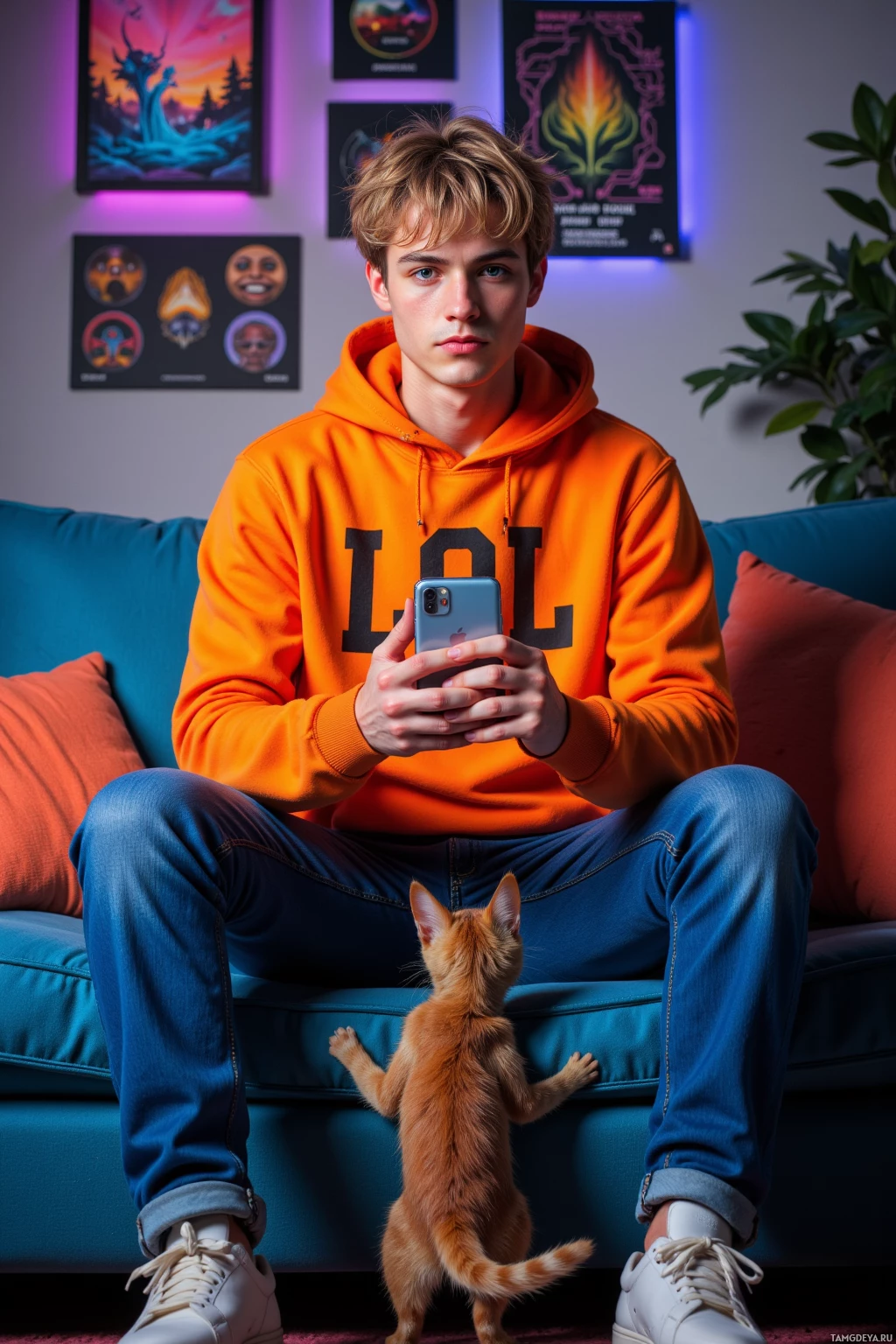 A person in an orange hoodie sits on a blue couch, holding a phone, with a small orange kitten standing on the couch in front of them.
