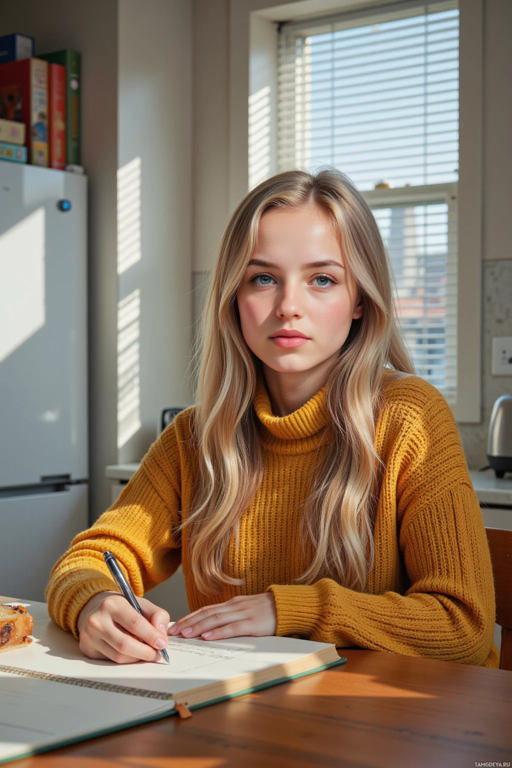 A young woman in a mustard yellow sweater sits at a desk, writing in a notebook.