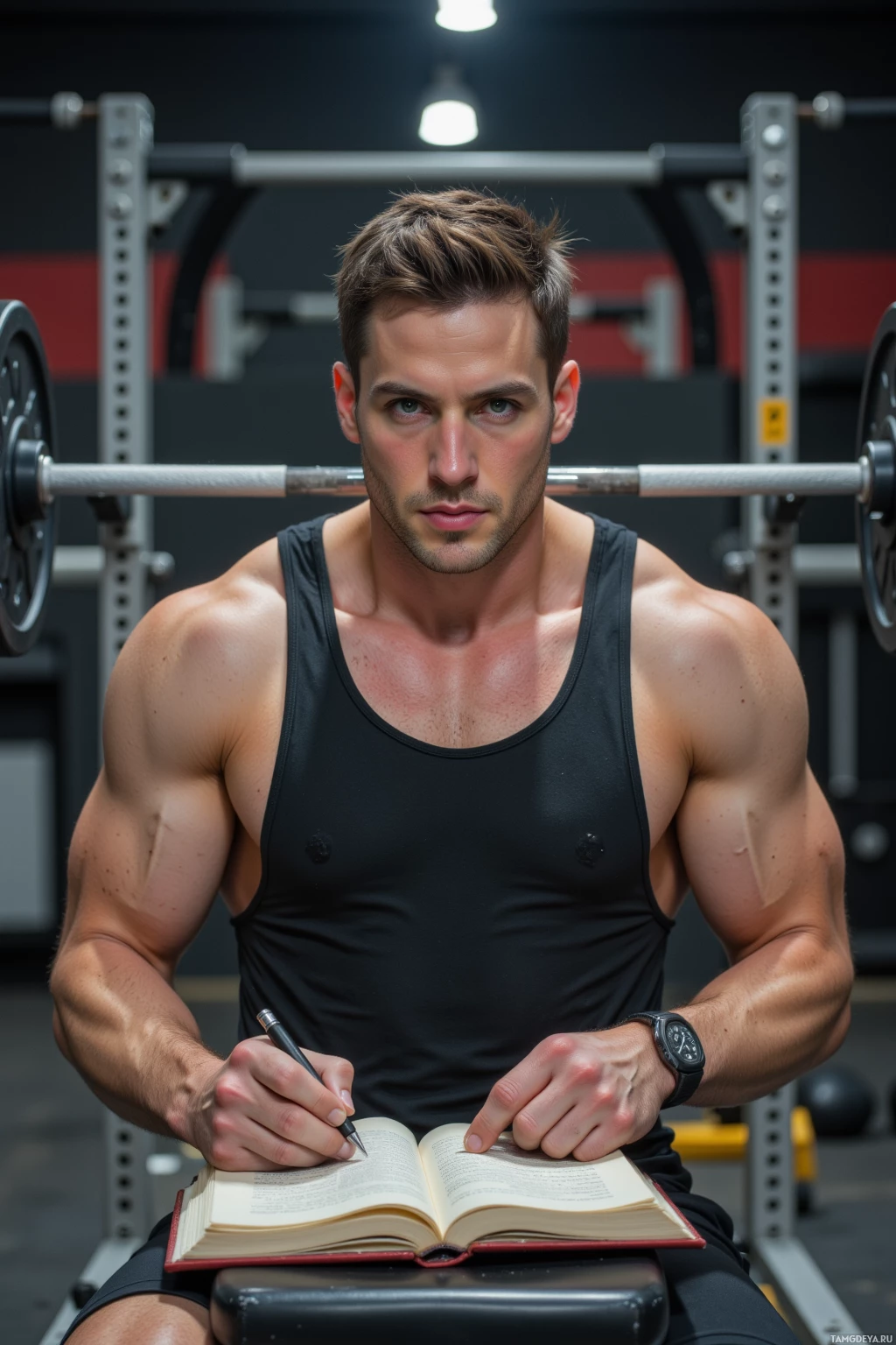 A muscular man in a gym setting is reading a book while holding a pen.